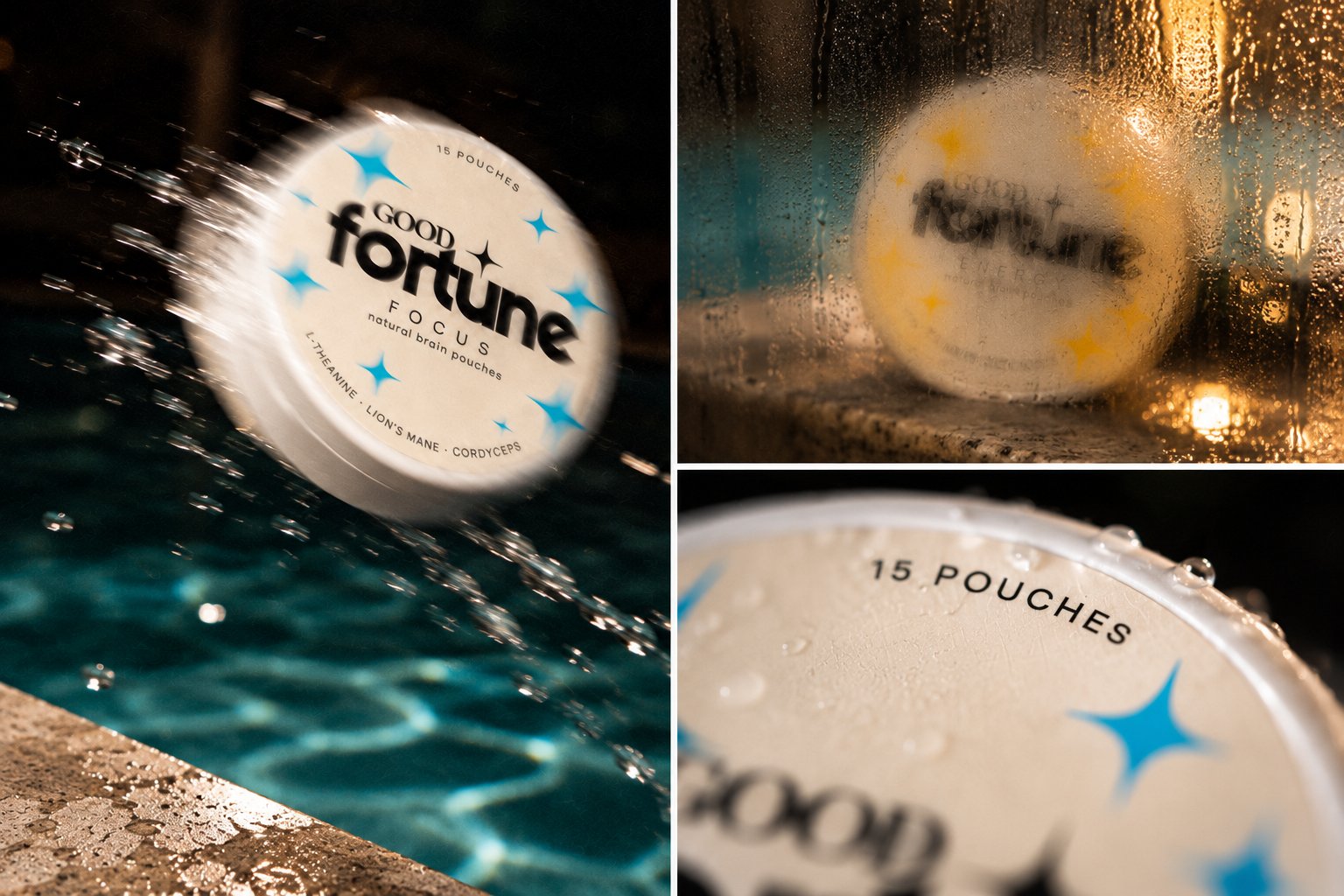 Good Fortune cans at night: a Focus can splashing by the pool, an Energy can behind wet glass, and a close-up of a lid